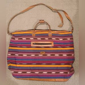 Colorful Striped Guatemalan Textile Luggage Bag with Leather strap and handle